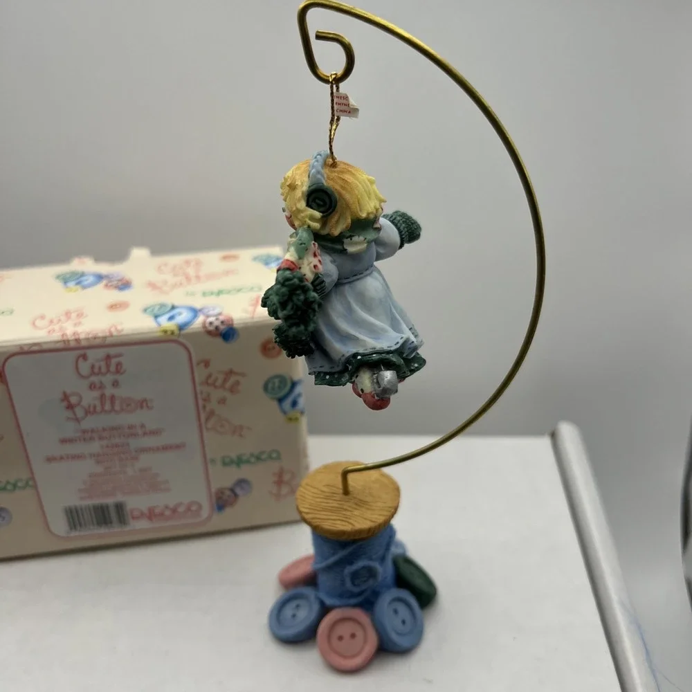 Vintage Enesco Skating Hanging Ornament With Base 142824 Cute As A Button In Box